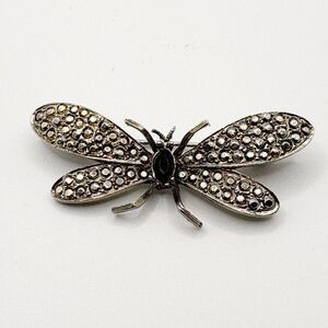 Butterfly Brooch Pin Silver Tone Black 2”